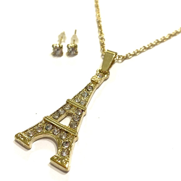 Eiffel Tower Necklace Earrings Set Gold Tone Rhinestones - Picture 4 of 4